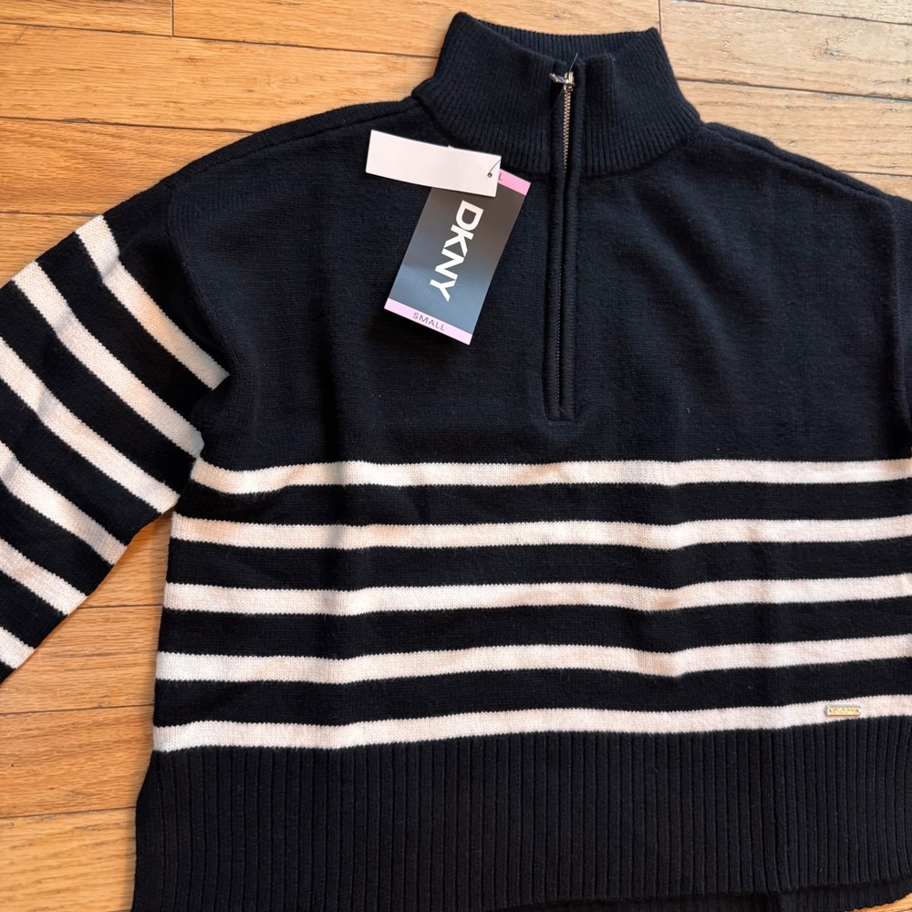 DKNY Womens Striped Quarter Zip Sweater Black White Knit Pullover Small - Picture 3 of 8